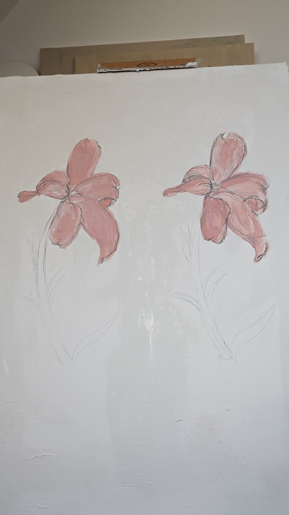 Painting of two lilies in acrylic and oil pastel