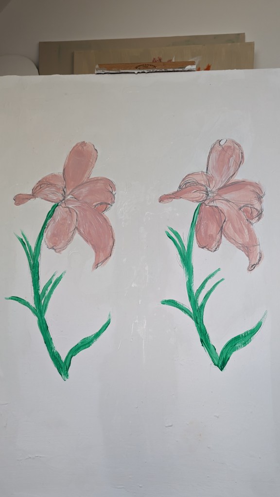 Painting of two lilies in acrylic and oil pastel