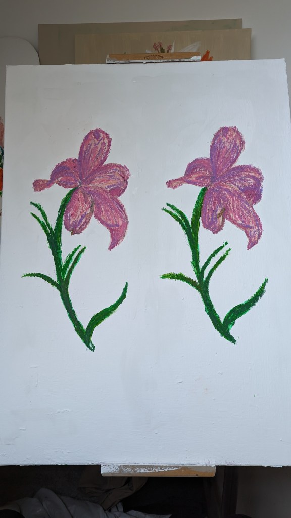 Painting of two lilies in acrylic and oil pastel