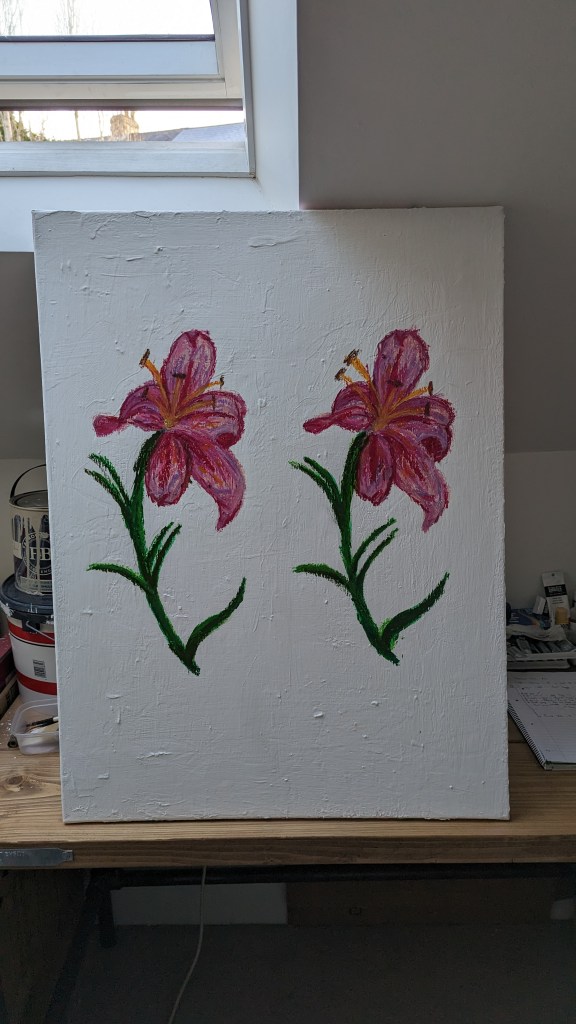 Painting of two lilies in acrylic and oil pastel