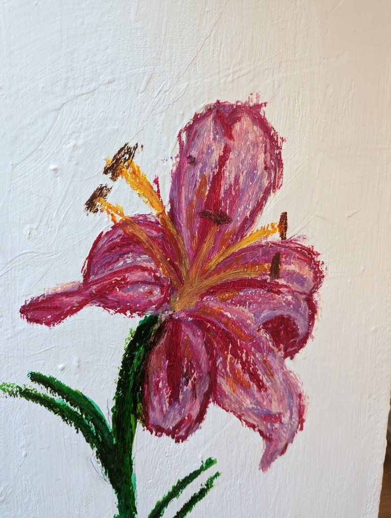 Painting of two lilies in acrylic and oil pastel