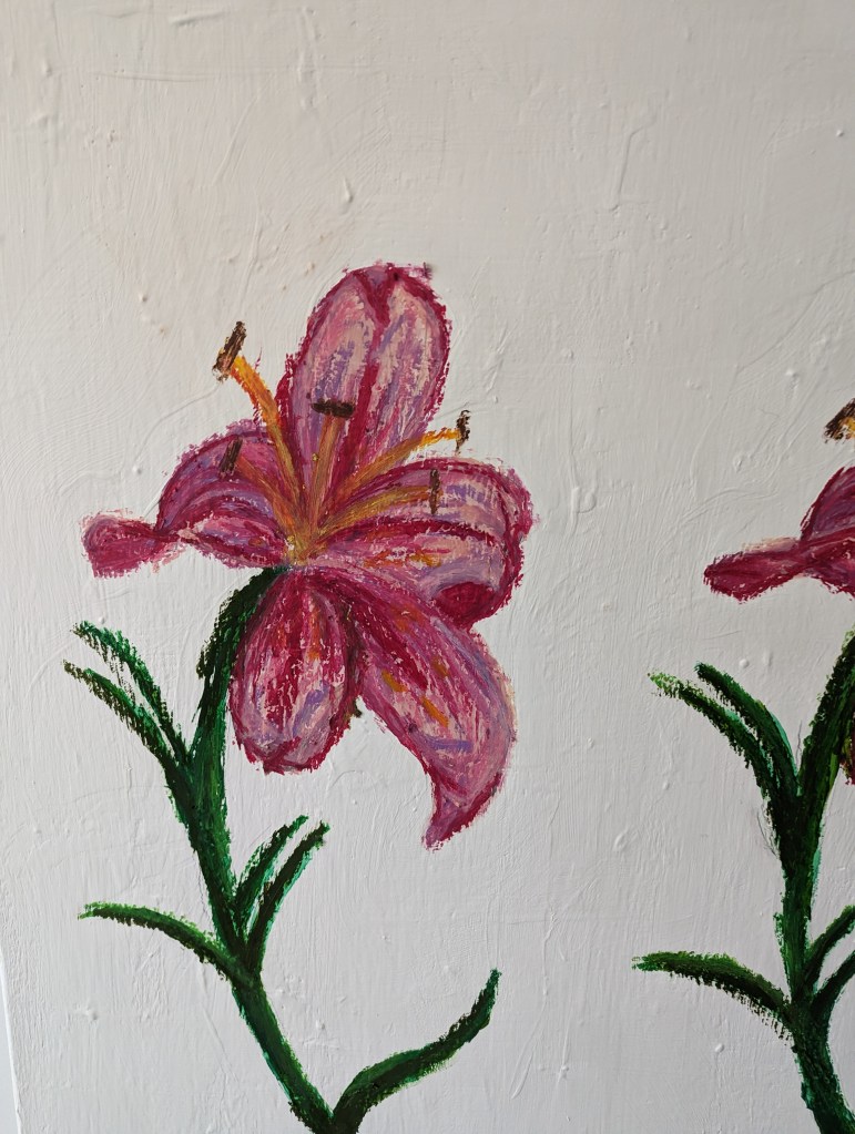 Painting of two lilies in acrylic and oil pastel