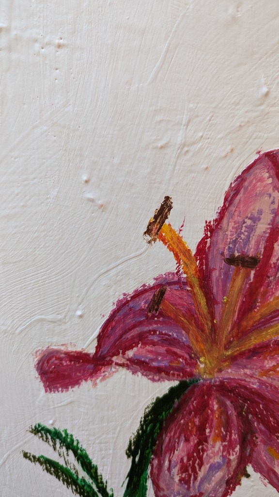 Painting of two lilies in acrylic and oil pastel